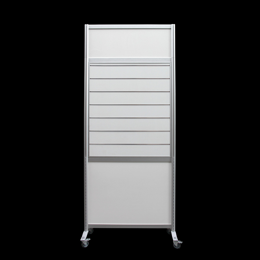 Winkelwand slatwall HxB250x104cm wit met opzetstuk en wielen