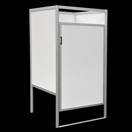 Kleedkamer wit HxBxD 200x100x100cm CBX, aluminium frame, PVC planelen en afsluitbare deur, voor winkels en evenementen.