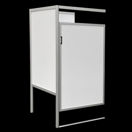 Kleedkamer aanbouw wit HxBxD 200x100x100cm CBX met aluminium frame, PVC planelen en afsluitbare deur, voor winkels en evenementen.