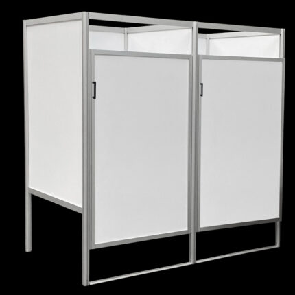 Kleedkamer 2 op een rij, wit HxBxD 200x200x100cm CBX, aluminium frame, PVC planelen en afsluitbare deur, voor winkels en evenementen.
