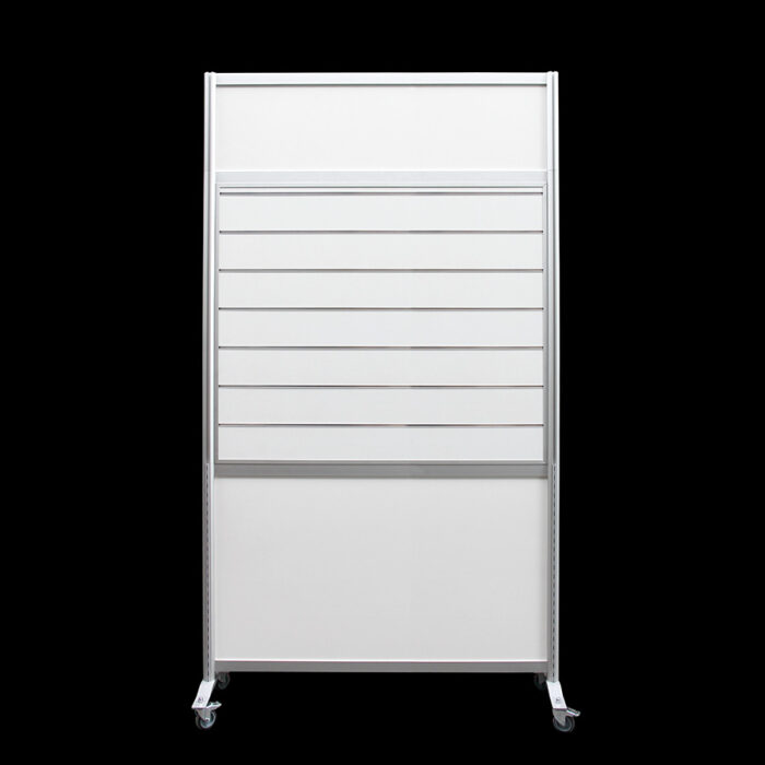 Winkelwand slatwall HxB250x130cm wit met opzetstuk en wielen
