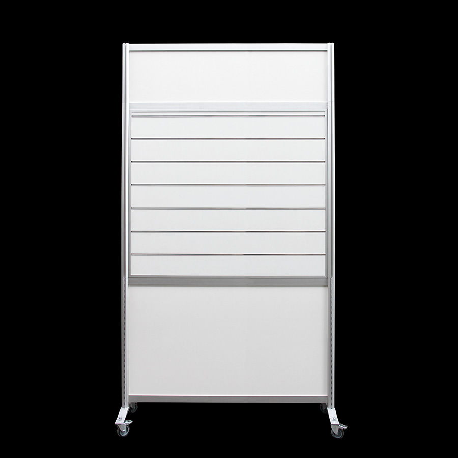 Winkelwand slatwall HxB250x130cm wit met opzetstuk en wielen