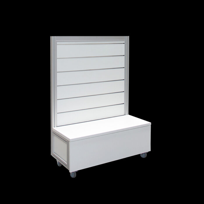 Wandmeubel slatwall wit HxB140x104cm met ladenkast op wielen Winkelwand pop-up store