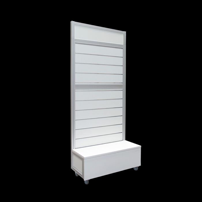 Wandmeubel slatwall wit HxB236x104cm met ladenkast en dubbel opzetstuk op wielen