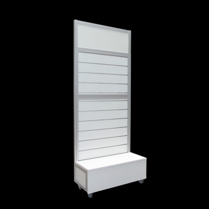 Middenmeubel slatwall wit HxB250x104cm met ladenkast en dubbel opzetstuk op wielen