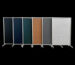Akoestische wanden op wielen met vilt in de kleuren zwart, donkerblauw, donkergroen, beige, grijs en lichtgrijs