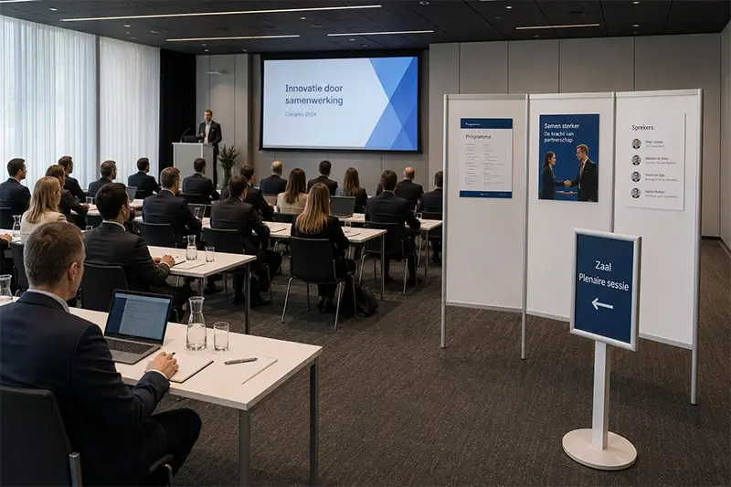 Congres met meerdere mensen, een scherm, posterwanden en een informatiedrager