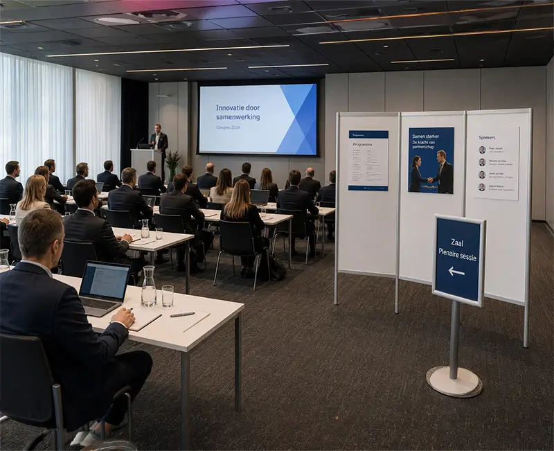 Congres met meerdere mensen, een scherm, posterwanden en een informatiedrager
