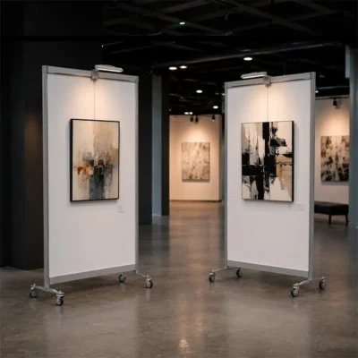 Expositie met witte wanden en kunstwerken met verlichting erboven.