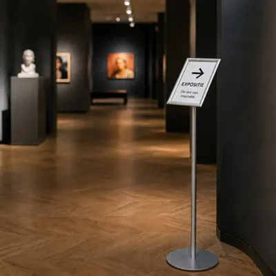 Infodrager_bewegwijzering_expositie_vk A4 informatiedrager op een paaltje op een expositie om de weg te wijzen