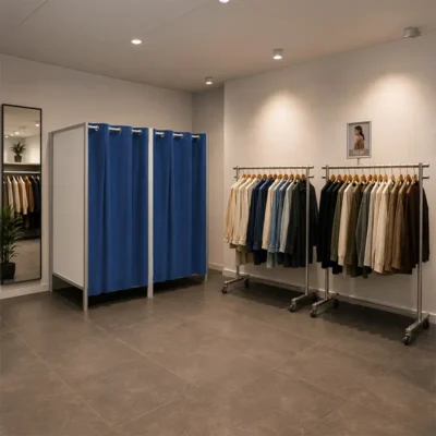 Kledingwinkel met 2 pashokjes en 2 kledingrekjes met kleding