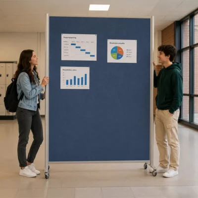 Prikbordwand blauw op wielen met posters erop geprikt en 2 mensen naast het bord