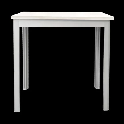 Bankje van aluminium frame en wit paneel voor gebruik in paskamer of kleedhok. Vooraanzicht.