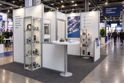 Een beursstand van Shopmade met technische producten op een beurs