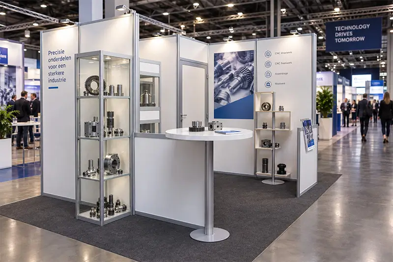 Een beursstand van Shopmade met technische producten op een beurs
