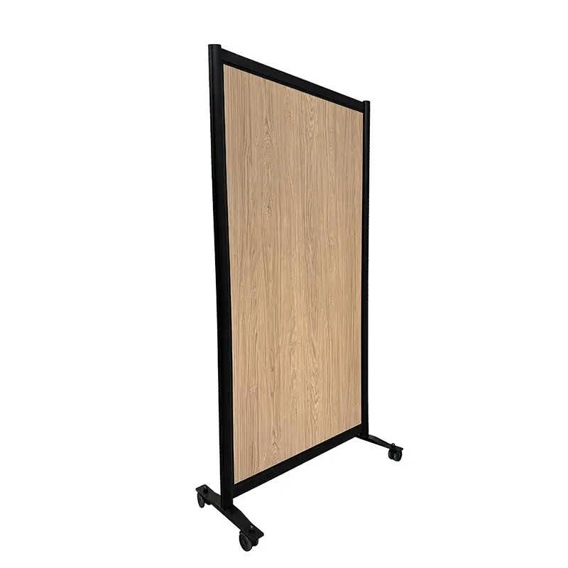 121120_Decoratieve_wand_HxB197x104cm_houtdecor_lichteiken_zwart_frame_op_wielen_zij Decoratieve wand 197x104 cm met licht eikenhouten paneel en zwart frame op wielen zijaanzicht