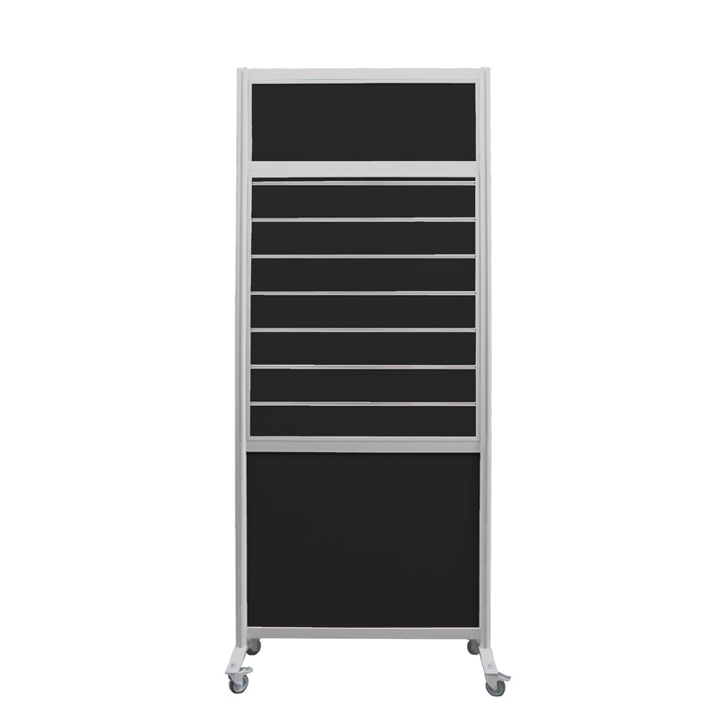 17513_Winkelwand_slatwall_250x104_zwart_HOH15_op_wielenb Winkelwand op wielen met slatwall H250 en B104 cm zwart